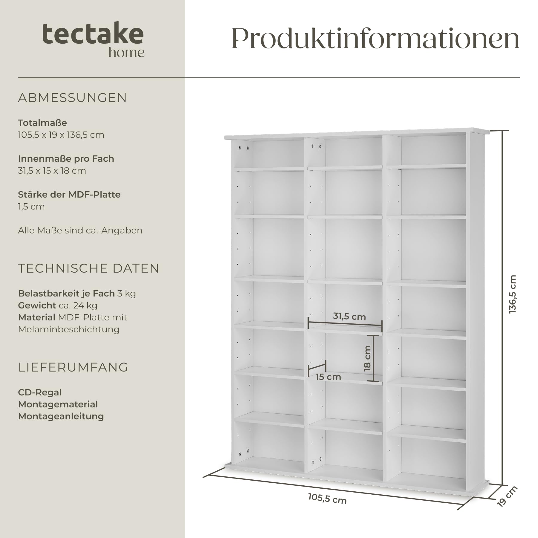 tectake® CD Regal, DVD Ständer, Raumteiler Schrank, Wand Regale Weiß, 18 Einstellbare Zwischenböden, Manga Aufbewahrungssystem - Weiß Matt