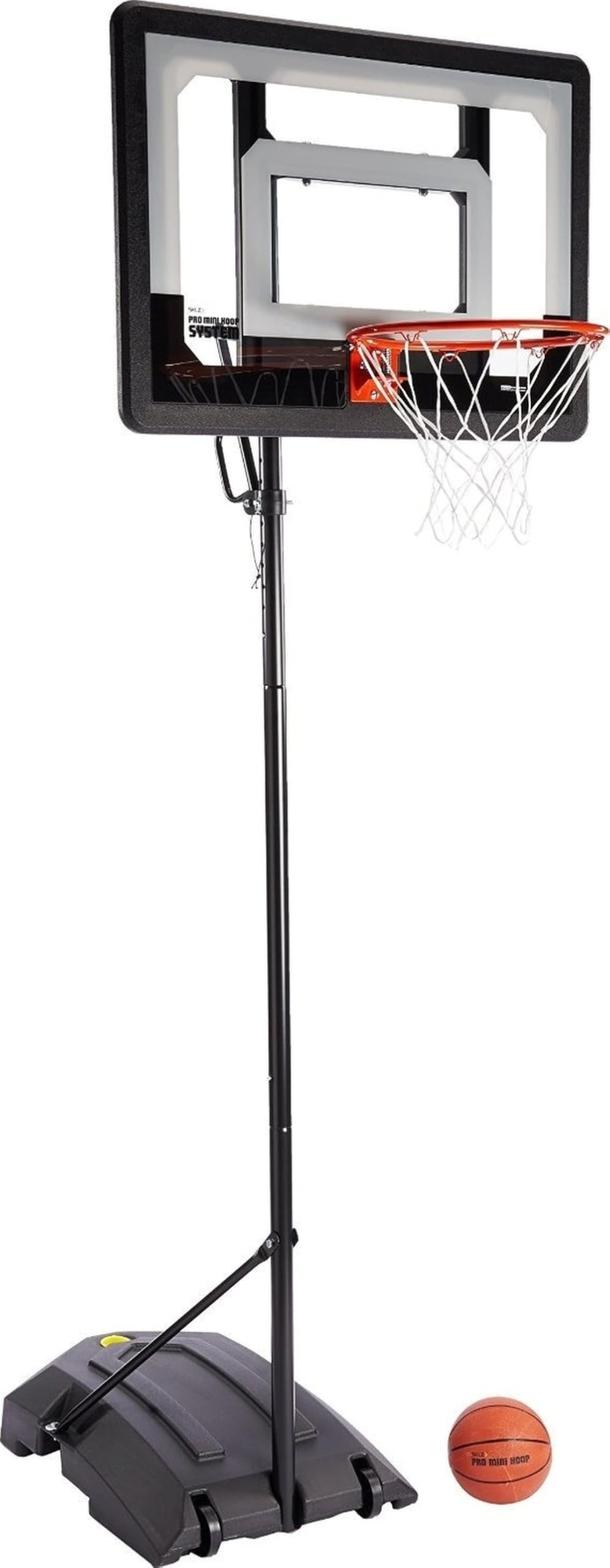 SKLZ Pro Mini Basketball Hoop System mit Mini-Basketball & tragbarer Basis | Schwarz; 0,53–2,13 m höhenverstellbar; 17,8 cm Mini-Ball inkl.; Rückbrett aus Polycarbonat; Tragbar mit gewichteter Basis