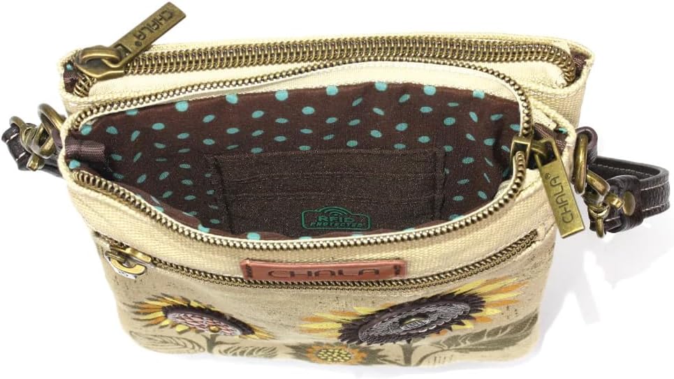 Chala Sunflower RFID Protected Canvas Double Pocket Crossbody Bag with Two Straps
