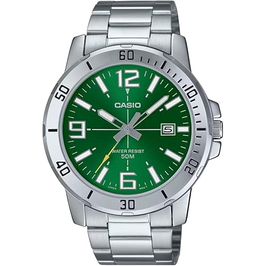 Casio MTP-VD01D-3BV Relógio masculino Enticer de aço inoxidável, mostrador verde, casual, analógico, esportivo, Verde, Clássico