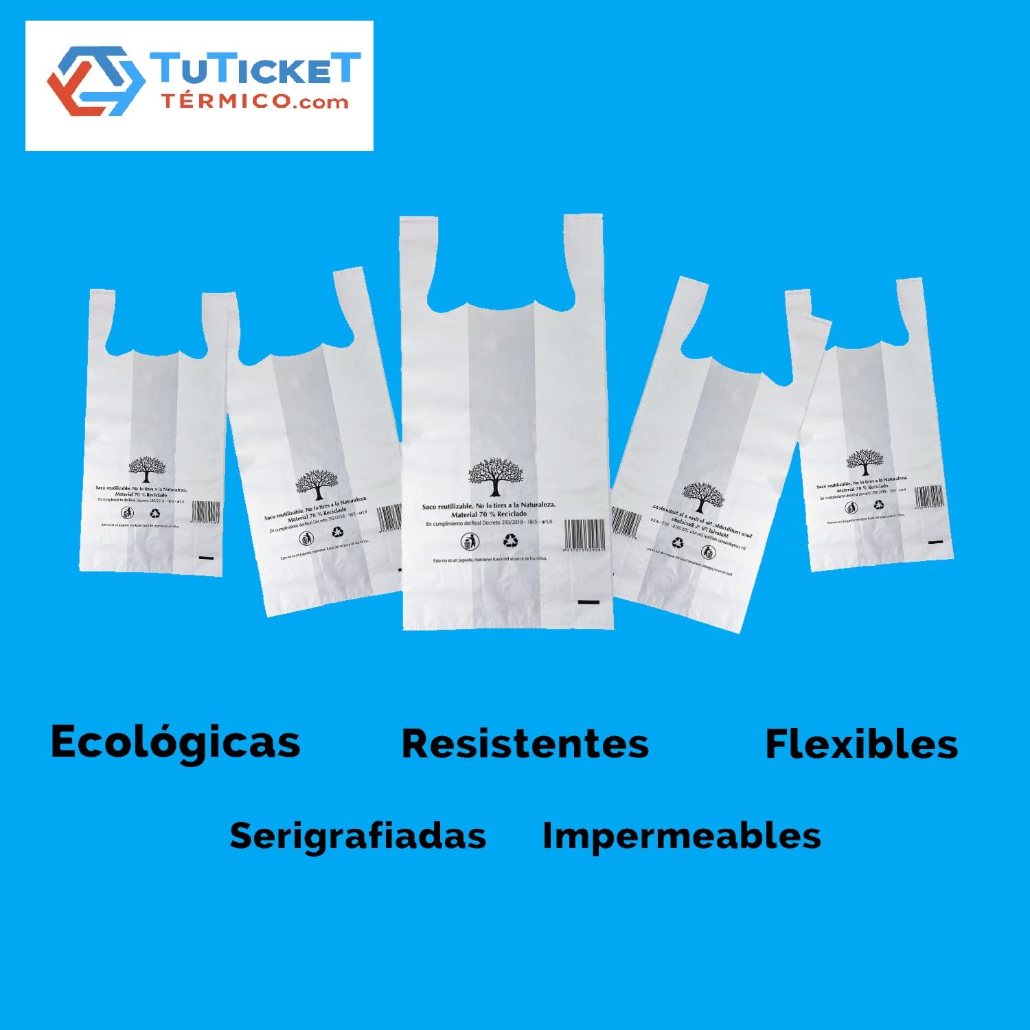 TuTickeT TERMICO.com - Bolsas de Plástico con Asas Tipo Camiseta de Medida 50x60, Galga 200 y 50 Micras, Resistentes, Reutilizable, 70% Reciclada y 100% Reciclable, Fardo de 20 kg - 780 Unidades