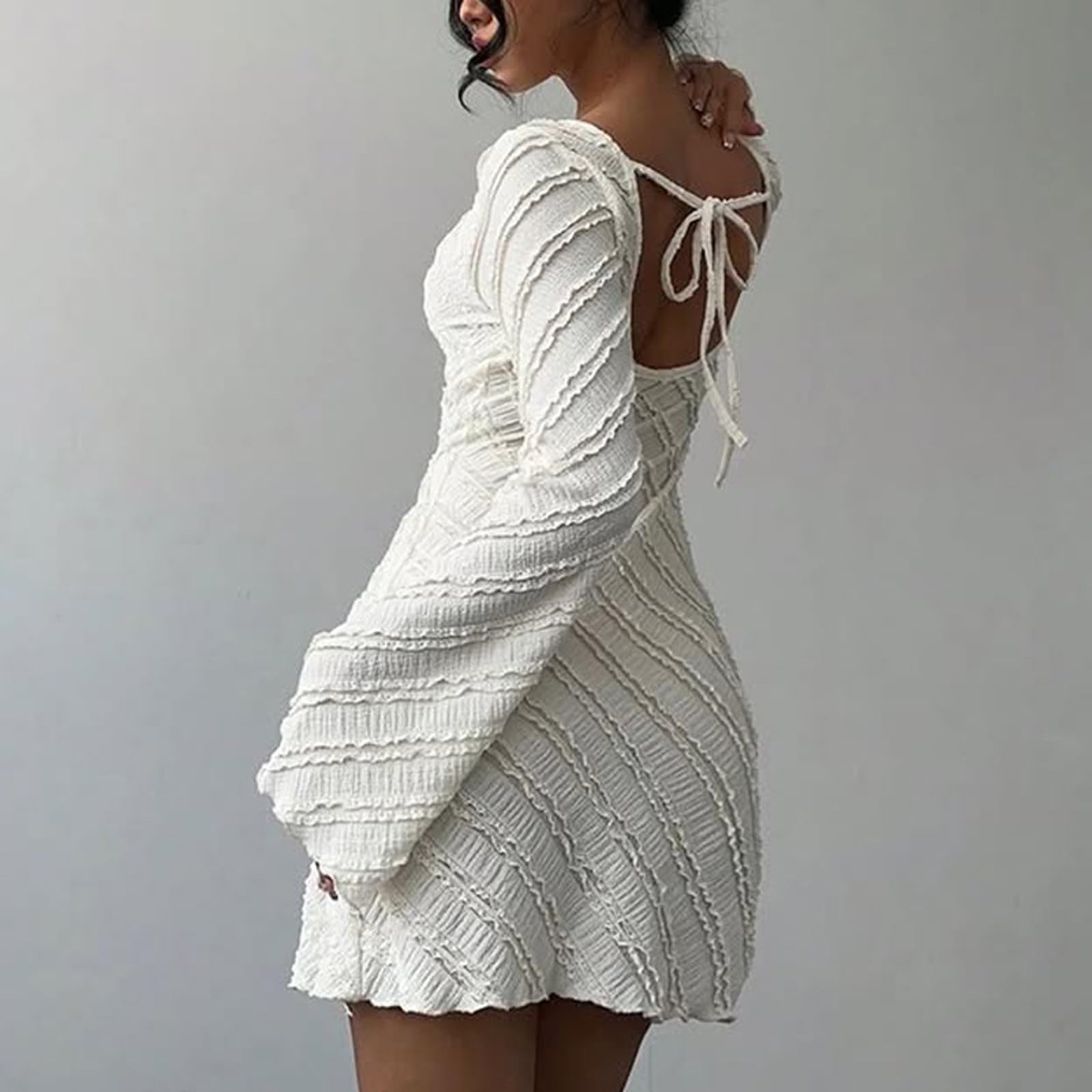 Hanaoops Vestito Donna Sexy a Maniche Lunghe Mini Abito a Maglia Elegante Corto Girocollo Senza Schienale A Linea Vestito Tinta Unita Casual Aderente Abito per Discoteca Cocktail Party Autunno Inverno