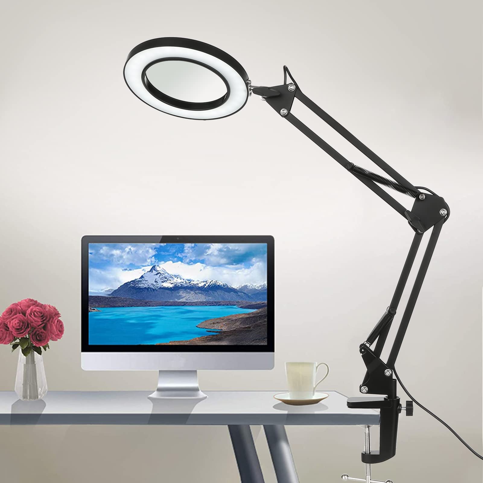 Neoglint Lupe mit Licht,Lupenlampe 8-fache Lupe,64 Dimmbare LED,12W 1200LM,3 Farbmodi,10 Helligkeitsstufen,Schwenkarm und Klemme,Lupe mit Licht und Ständer Kosmetiklampe Led Lupenleuchte-Klein Schwarz