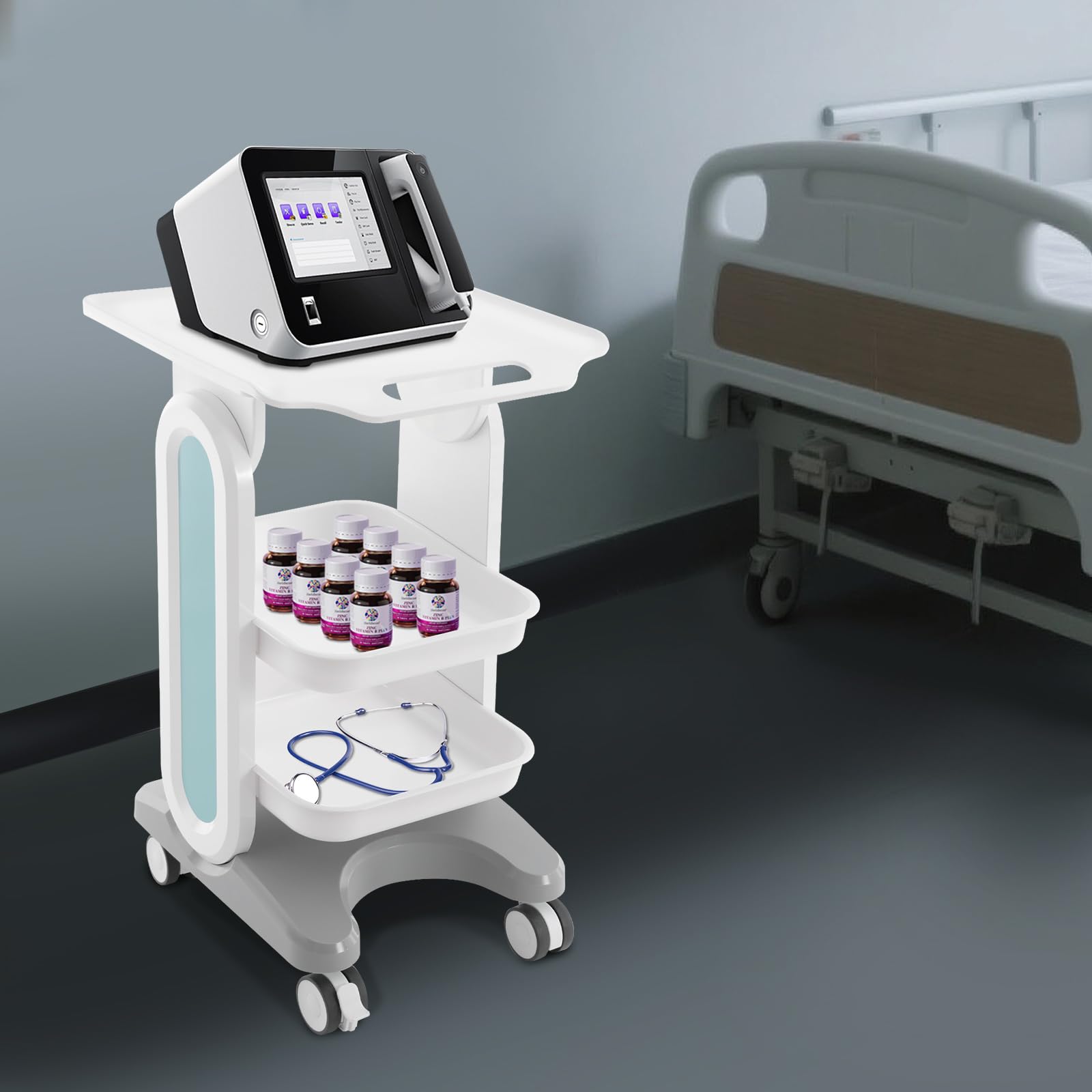 Chariot médical, chariot de laboratoire à trois niveaux avec roues, structure verticale, chariot de service médical, rangement d'appareils médicaux (blanc vert)