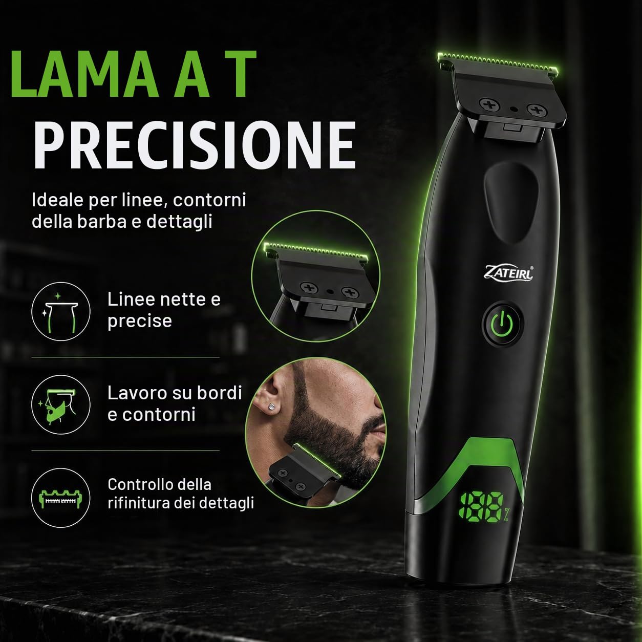 Tagliacapelli professionale da uomo, senza fili, con lame di precisione, ricarica USB, set di pettini guida, per uomini e donne, nero