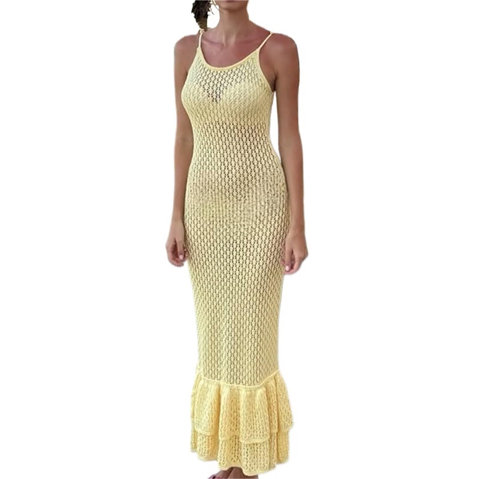 Vestido de Playa Sólido Malla Punto Casual Sin Mangas Espalda Atar Vestidos Fruncidos Verano Halter Ahuecado