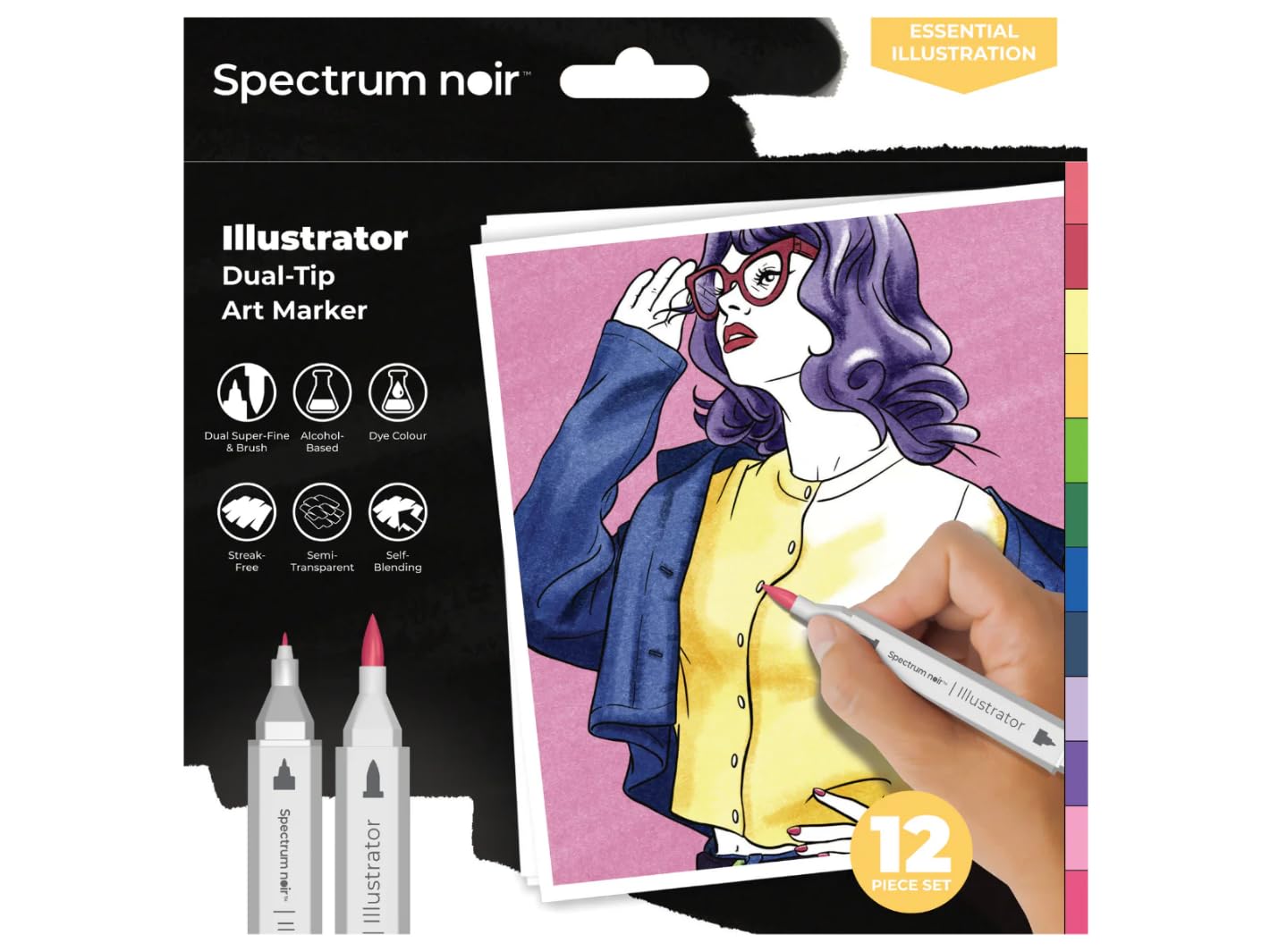Crafter's Companion Spectrum Noir - Illustrator 12pc Essential Illustration Markers with Dual & Brush Nibs