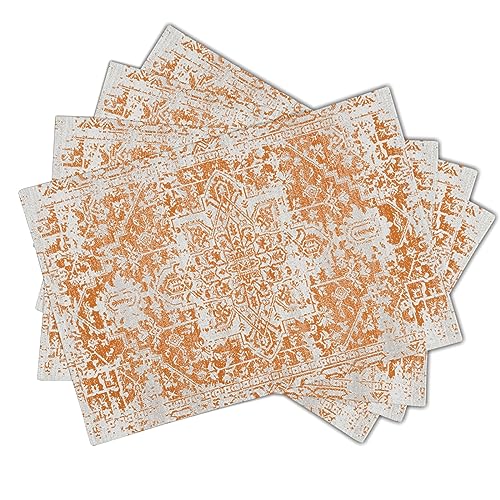 Image of Gray Orange Boho Placemats Set of 4 Ethnic Bohemian Carpet Place Mats Washable Kitchen Dining Vintage Grey Geography Floral Linen Table Mats Stain Heat-Resistant Cloth Tabel for Home Party 12x18 in