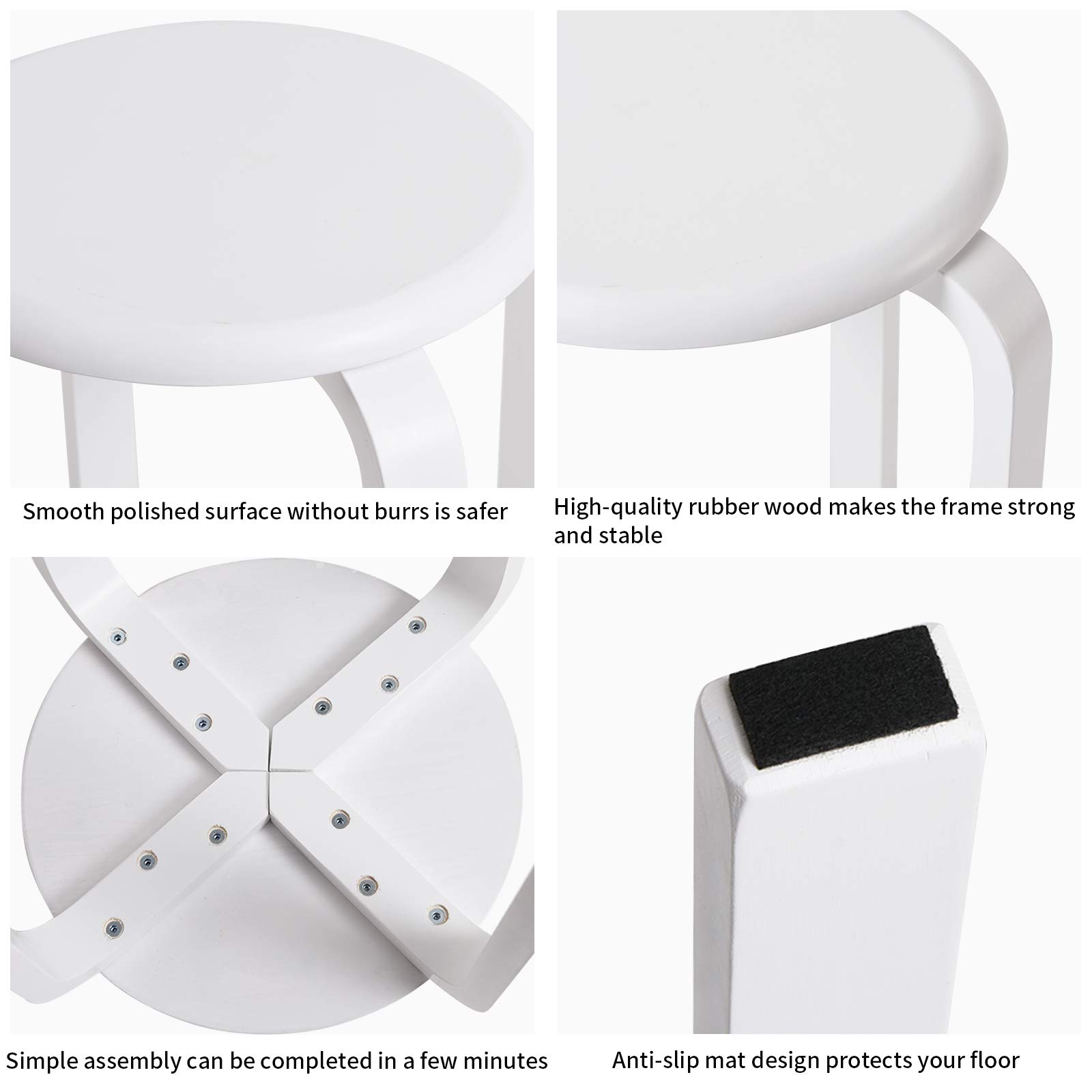 IBUYKE Taburete apilable de Madera, Taburete Curvado Antideslizante Redondo Sin Ruido Apto Cocina Bar Dormitorio,Blanco RF-717-4 — view 7