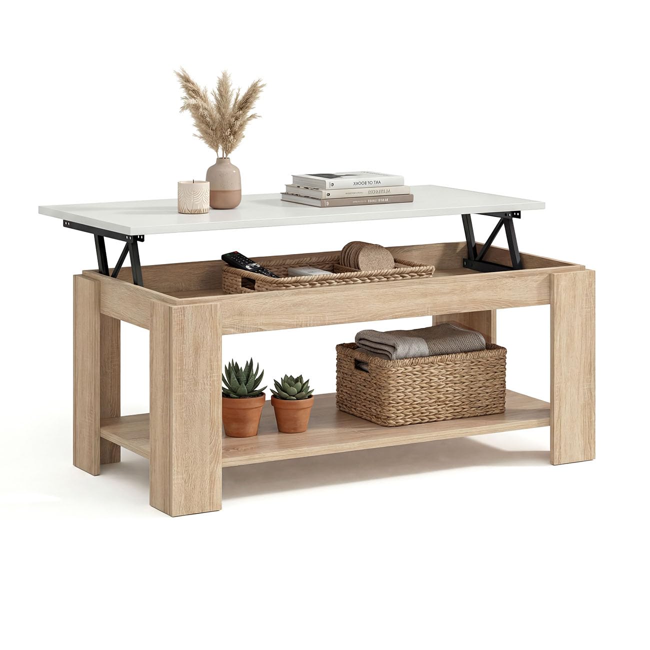 duehome | Mesa de Centro Elevable, Mesa Auxiliar, Modelo LYA, Acabado en Color Roble Canadian y Blanco Artik, Medidas: 102 cm (Largo) x 50 cm (Ancho) x 43-54 cm (Alto)