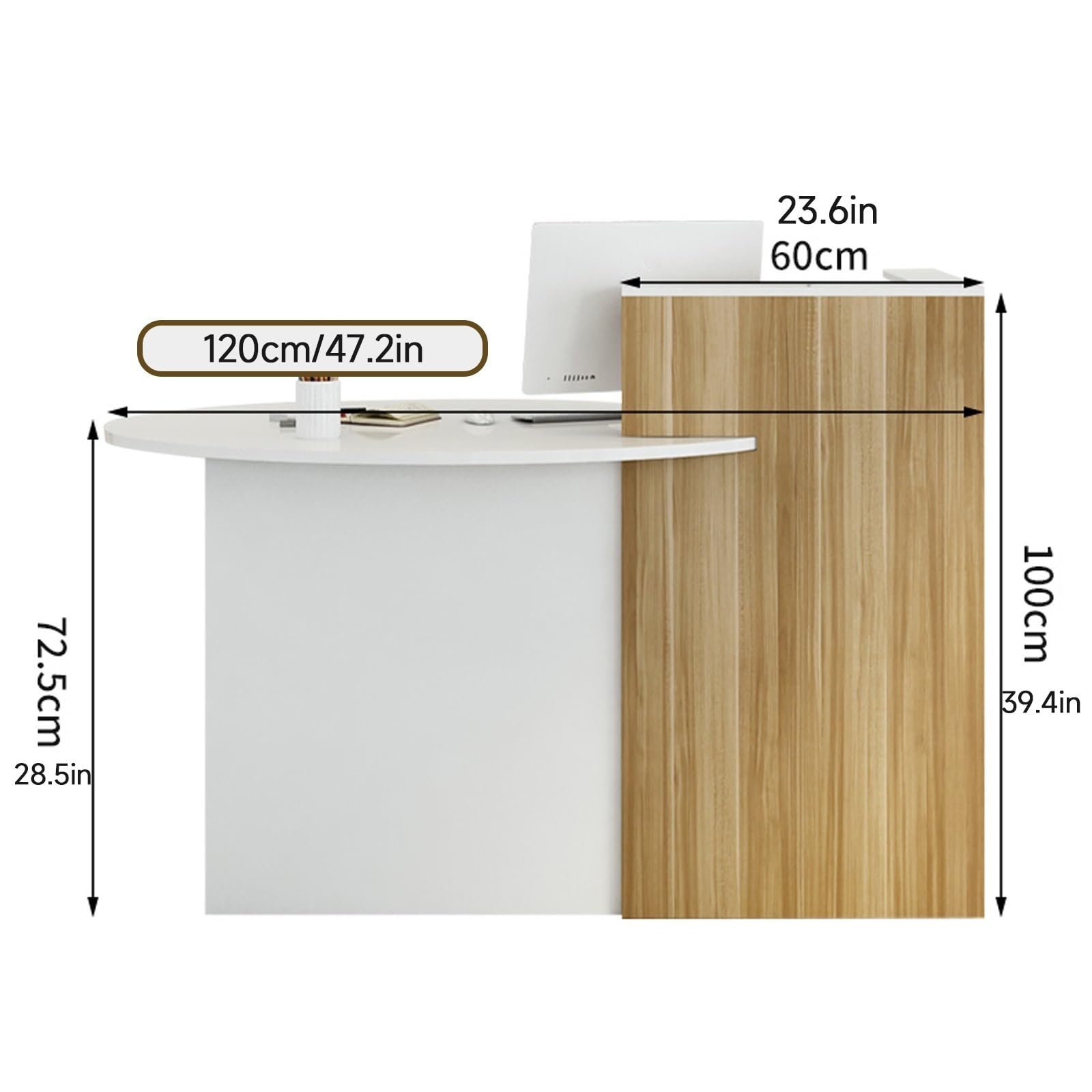 Rezeptionstisch，Modern HöLzerne Kassentheke，Ovaler Schreibtisch, Weich Und Schön, Abschließbare Schubladen, Sicherere Aufbewahrung, Stabil Und Langlebig(White,Left_120CM)