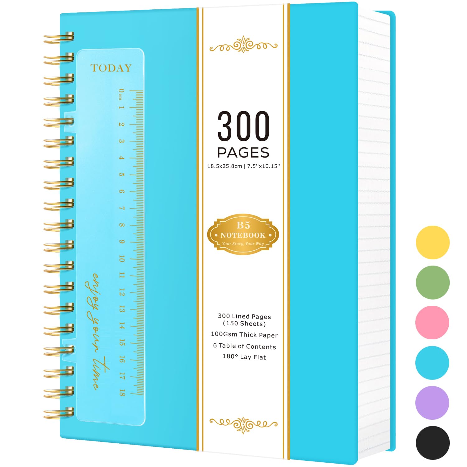 NIRMIRO B5 Ruled Notebook, 18.5 x 26 cm, Spiral Bound Notebook for Women and Men for Writing, 300 Pages, 100gsm Paper, No Smudges, Waterproof Cover