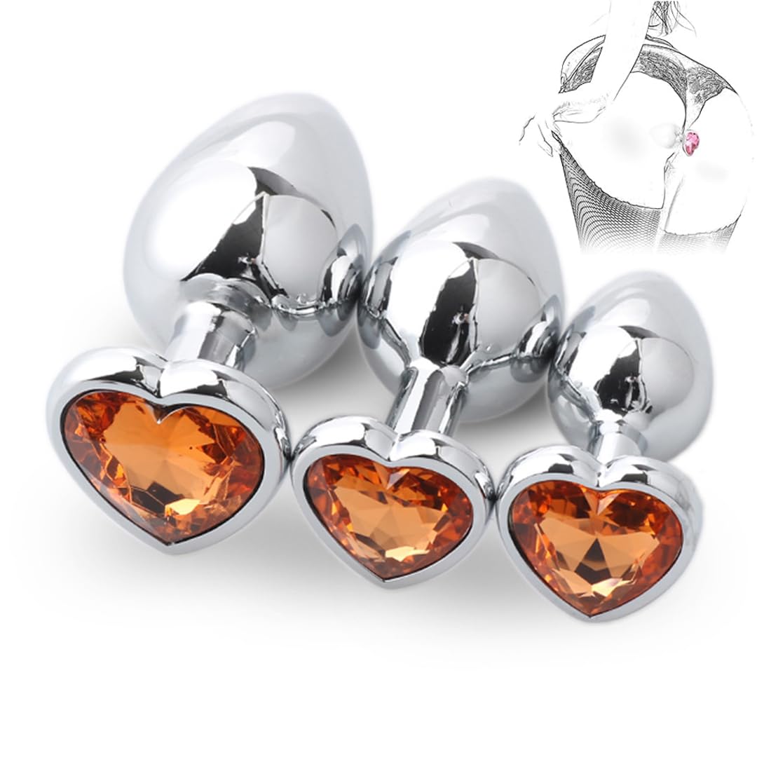 Buttplug Set, Anal Plug Kit, Metal Butt Plug Set, Jewelry Heart Base Anal Toy, Beginner Anal Training, Adult Sex Toys for Women and Men Couples Anal Trainer (Orange)