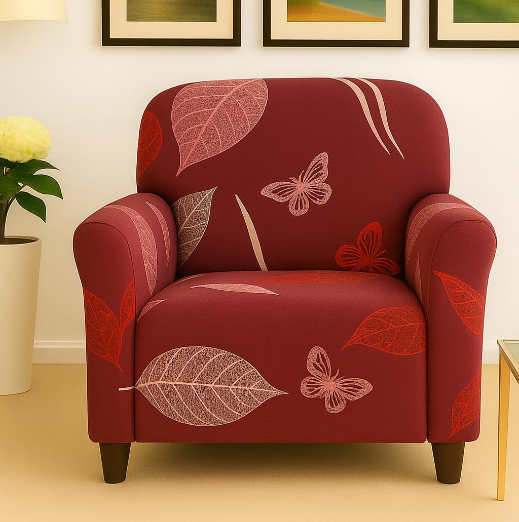 Homerz Premium 1 Seater Universal Elastic fit Sofa Cover Fully Covered, Non-Slip Sticky Elastic Stretchable Sofa Set Slipcover Protector (Maroon Leaf, 1 Seater)