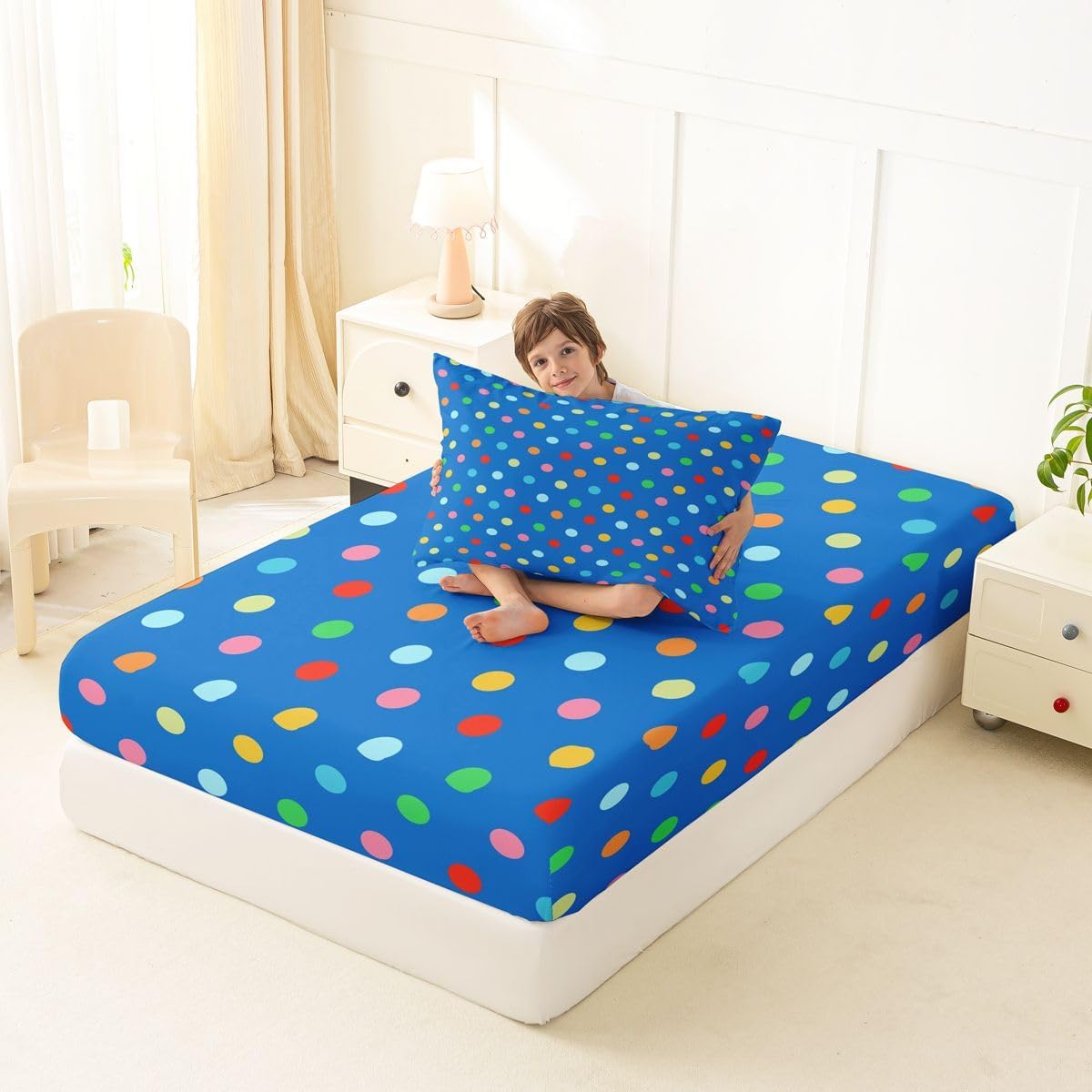 Manfei Polka Dots Boys Girls Bed Sheets,Minimalist Art Geometric Room Decor,Vintage Aesthetic Polka Dot Kids Twin Size Fitted Sheet,Blue Colorful Bedding Set,1 Pillowcase(No Flat) image 3