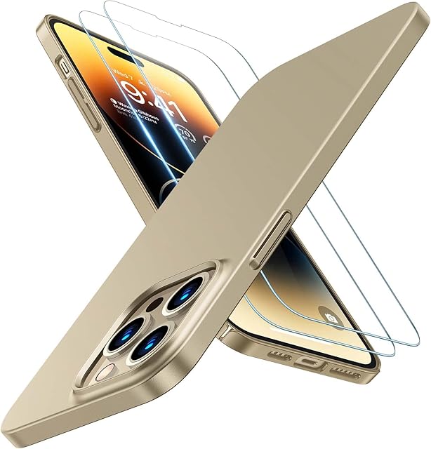 TORRAS Ultra cienkie etui do iPhone 14 Pro żółte (ochrona dookoła 360 stopni) doskonały aksamitny uchwyt etui na telefon komórkowy iPhone 14 Pro Case etui ochronne (z 2 szkłami ochronnymi) klasyczna seria Slim Cover