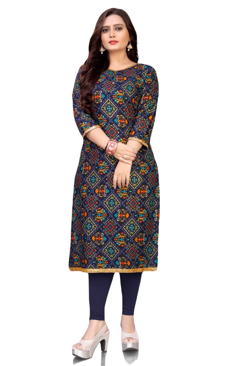 Drashti VillaWomen's Straight A-Line Mill and Foil Printed Fully Stitched Rayon 3/4 Sleeve Kurtie for Girl's (ZCK20-Blue-XL)