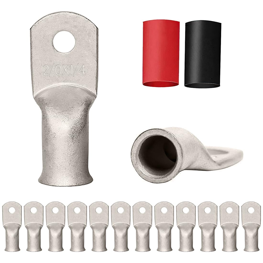 12PCS 2/0x1/4 Tinned Copper Ring Terminal Connectors 2/0 AWG Heavy Duty Battery Cable Ends Bare Copper Lugs with 12 PCS 3:1 Heat Shrink Tubing for