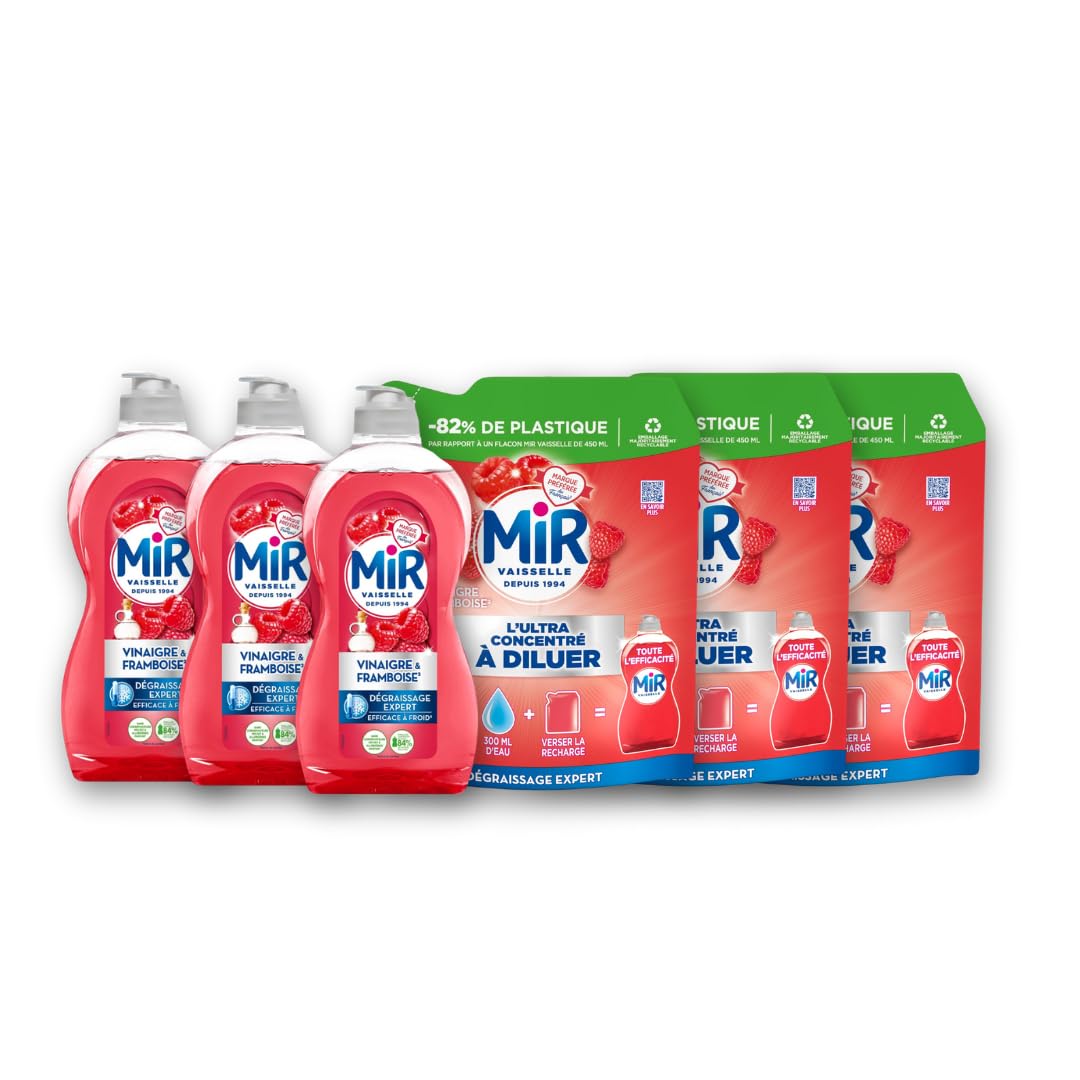 Mir - Lot de 3 liquides vaisselle Vinaigre et Framboise + 3 recharge