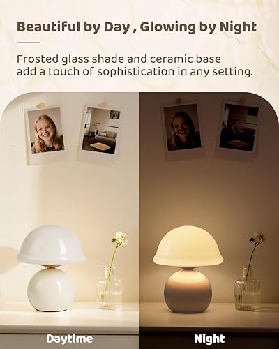 Miniatura 6 de Lámpara de hongo para dormitorio, lindas lámparas pequeñas con pantalla de cristal, lámpara de mesita de noche con regulador de intensidad para sala