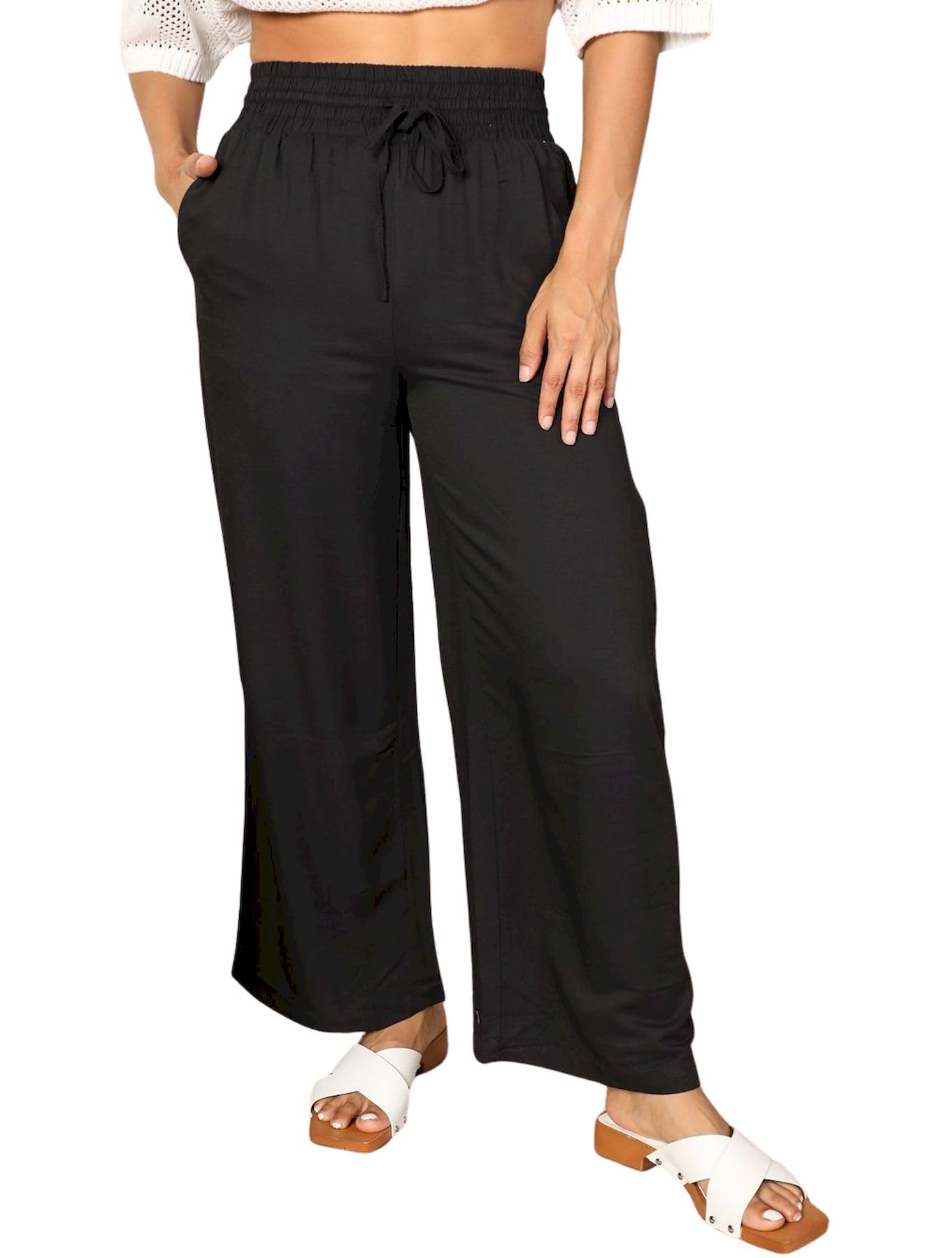 Womens Casual Pants Chic Comfy Drawstring Smocked Waist Wide-Leg Pants with Pockets Brown Drawstring Waist Relaxed