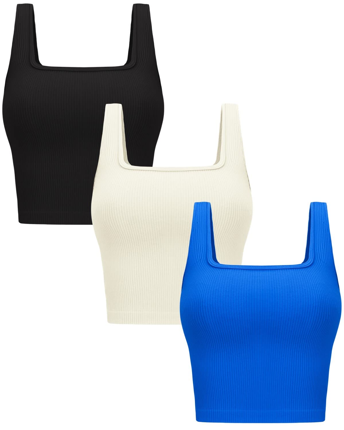 Photo 1 of **MISSING BLUE TOP** Womens 3Pk Crop Tank Tops Square Neck Workout Top, Black Beige Royal M