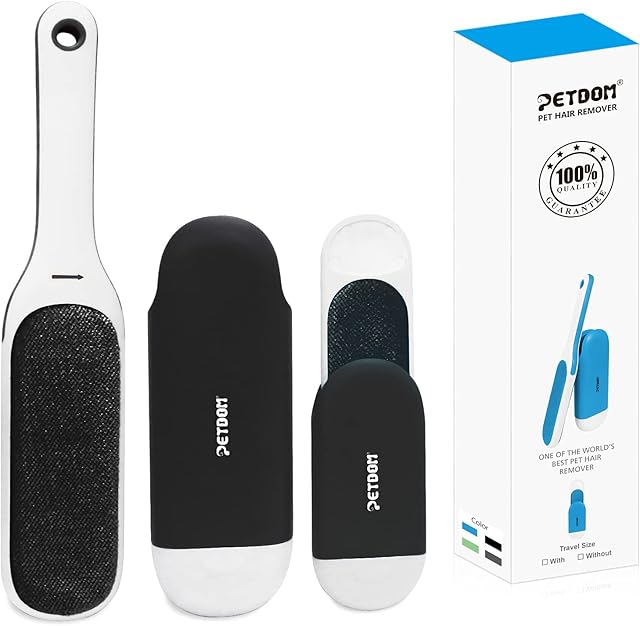 PETDOM Pet Hair Remover Brush - Integrated Sturdy Handle & Self Cleaning Base - Cat Dog Fur Lint Removal Brush for Clothes Furniture (Black, Travel Size Include)