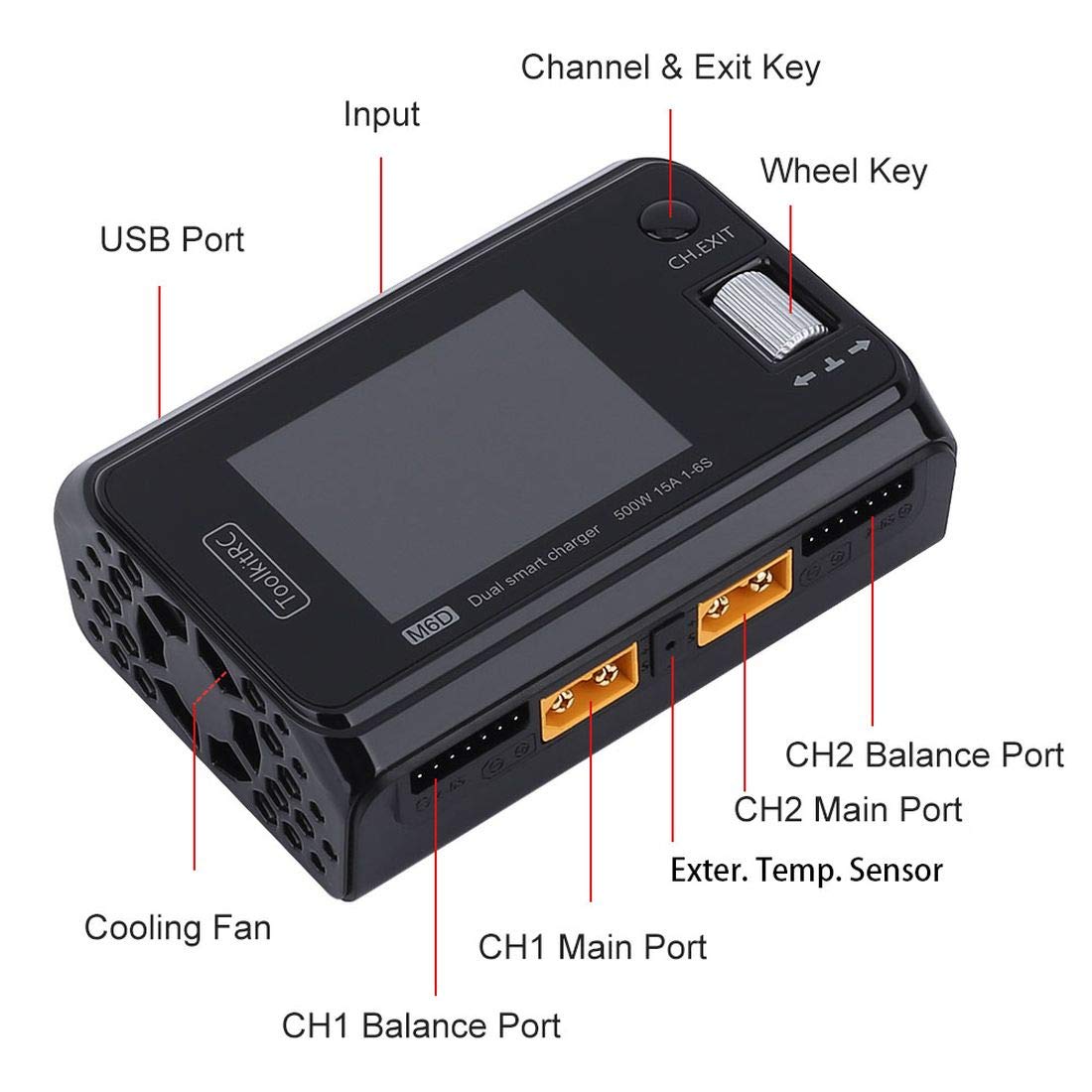 ToolkitRC M6D 500 W 15 A DC dwukanałowy mini inteligentna ładowarka rozładowująca do 1-6S Lipo/LiHV/LiFe/Lion Battery NiMh Pb Tester Servo Tester, wysoka gęstość energii 5 mV mała ładowarka