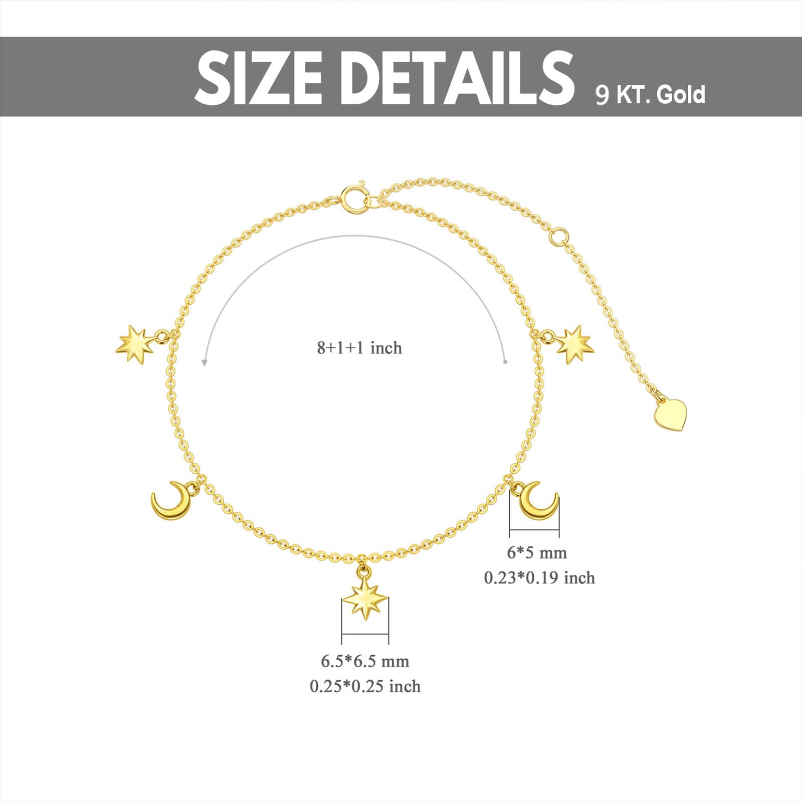 375/9K Echtgold Stern Mond Fußkettchen für Damen, Gelbgold Mond-Stern Quasten Fußkettchen, Exquisit Schmuckgeschenk zum Jahrestag Geburtstag für Ehefrau Mutter Freundin, 20+5cm
