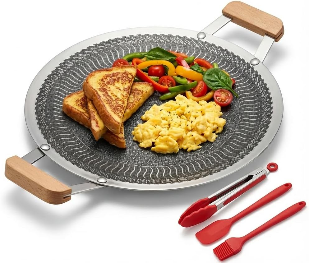 Nonstick Stainless Steel Cookware, 12-Inch Round Griddle Pan with PFAS-Free PURELYSEAR Ceramic Technology, Scratch Proof, Cool Grip Handles, Dishwasher Safe