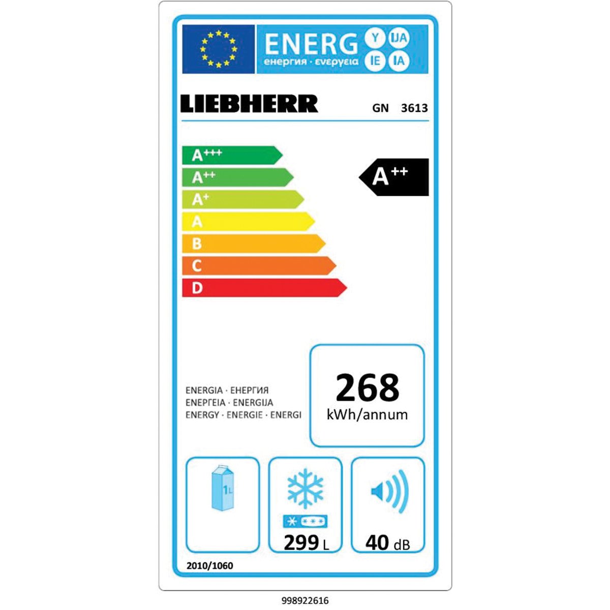 Liebherr GN 3613 Autonome Droit 299L A++ Blanc