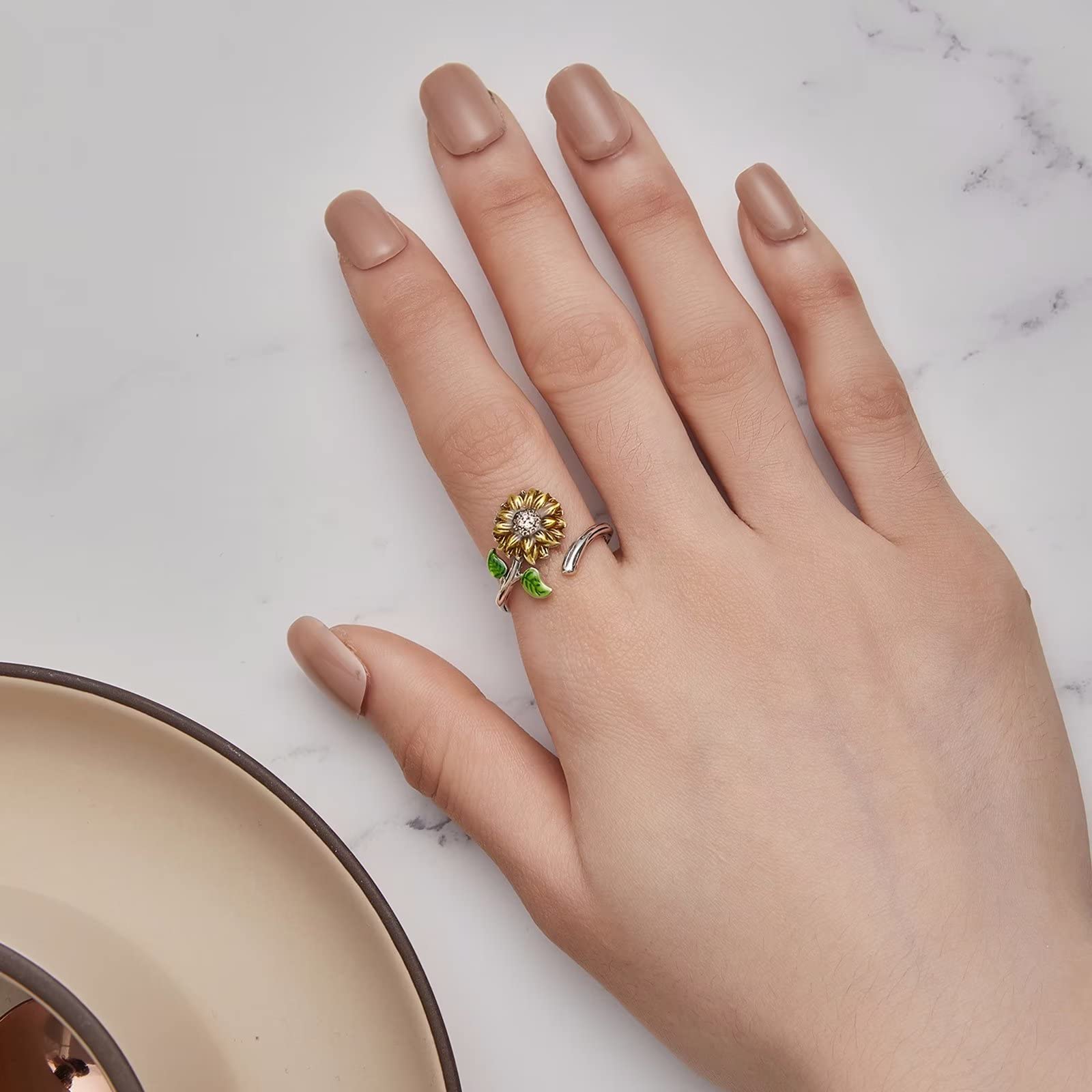 Qings Anillo Girasol Ajustable para Mujer, Plata de Ley 925 Flores Abierto Anillos Regalos de Cumpleaños para Niñas Adolescentes