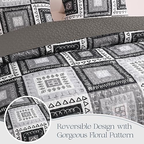 Exclusivo Mezcla Reversible Boho Quilt Set Twin Size, 2 Pieces Patchwork Black All Season Bedspreads, Ultra Soft Floral Coverlet Bedding Set with Printed Pattern (1 Quilt, 1 Pillow Sham)