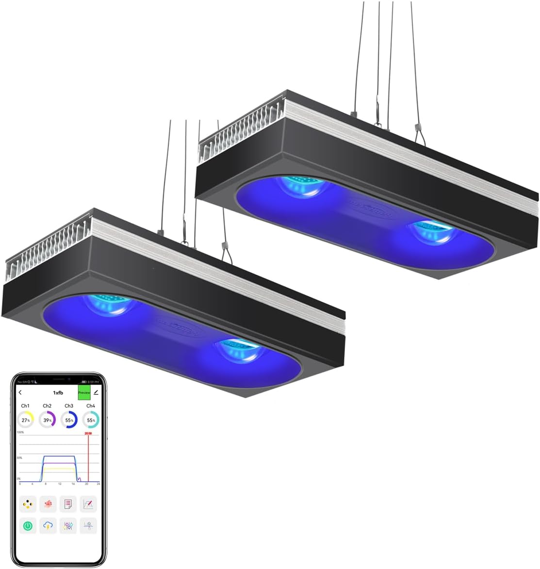 PopBloom RL180 Reef 2PCS Marine LED Aquarium Light Full Spectrum Reef Coral SPS LPS Tank for 60"-72" Marine Aquarium Tank (Hanging Way)