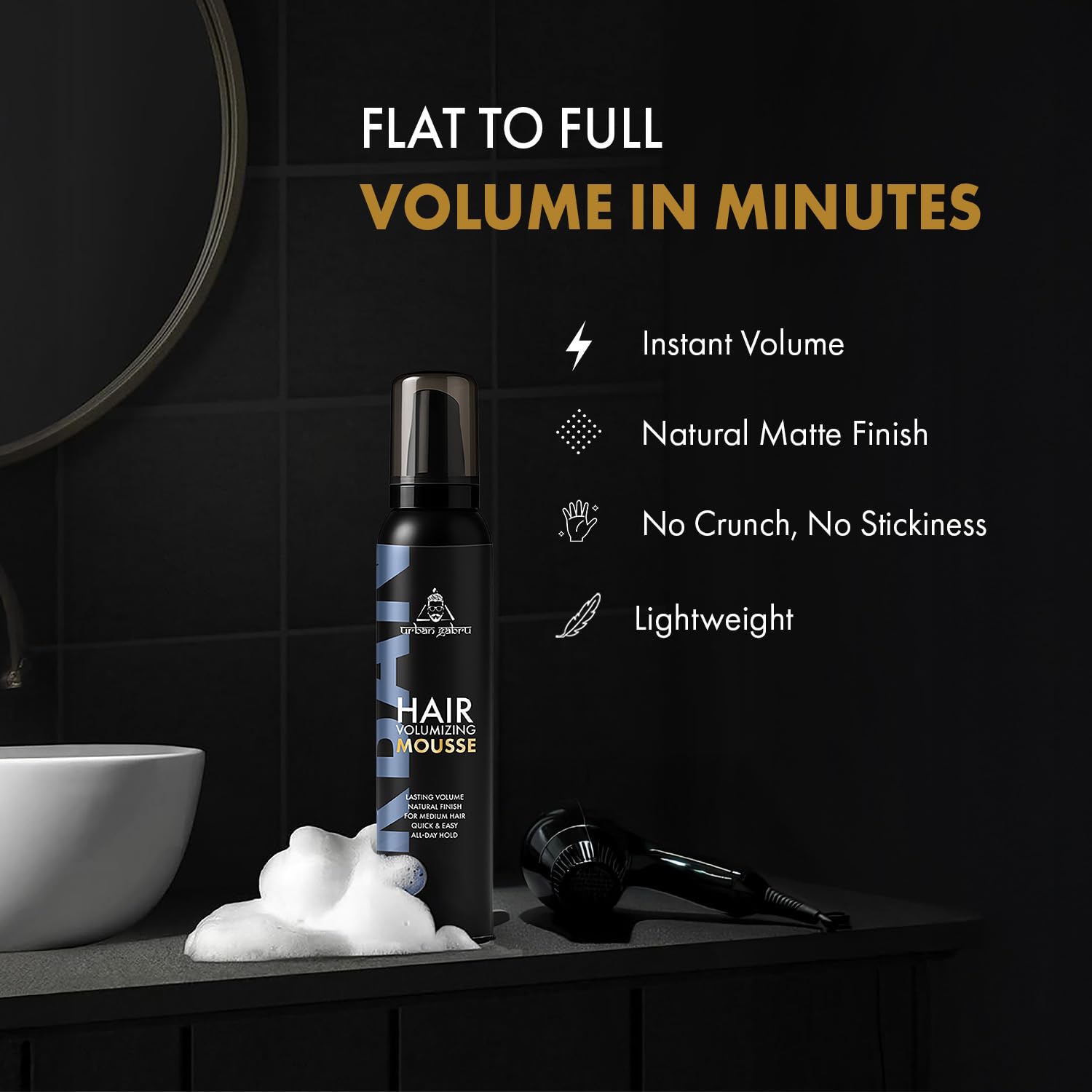 UrbanGabru Hair Volumizing Mousse for Men, Alcohol-Free, Lightweight Formula for Medium Hair, Adds Long-Lasting Volume & Natural Finish, Medium Hold | 200 ml 1