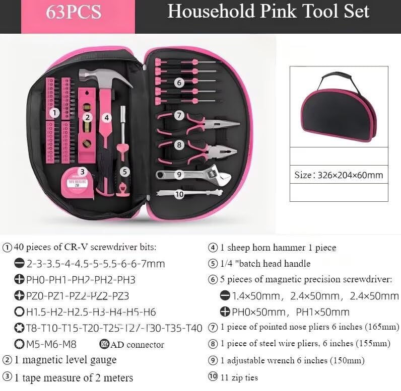 Kit compacto de herramientas 63 piezas color plata y rosa miniatura 2