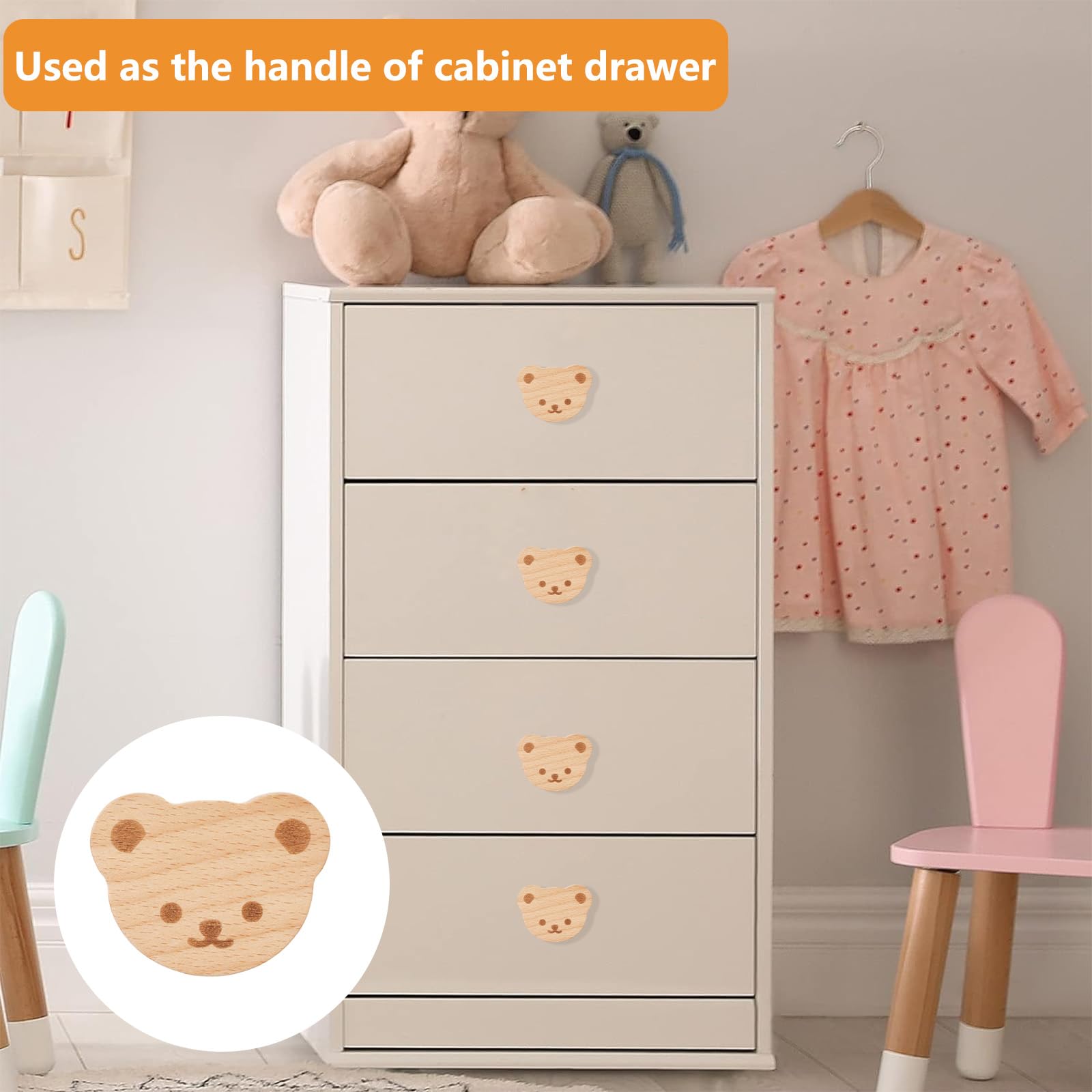 MOROBOR 4 piezas de pomos de madera en forma de oso con un solo orificio, asas de madera de haya para armario de madera, pomos de madera para cajones de cómoda con tornillos y tubo de expansión