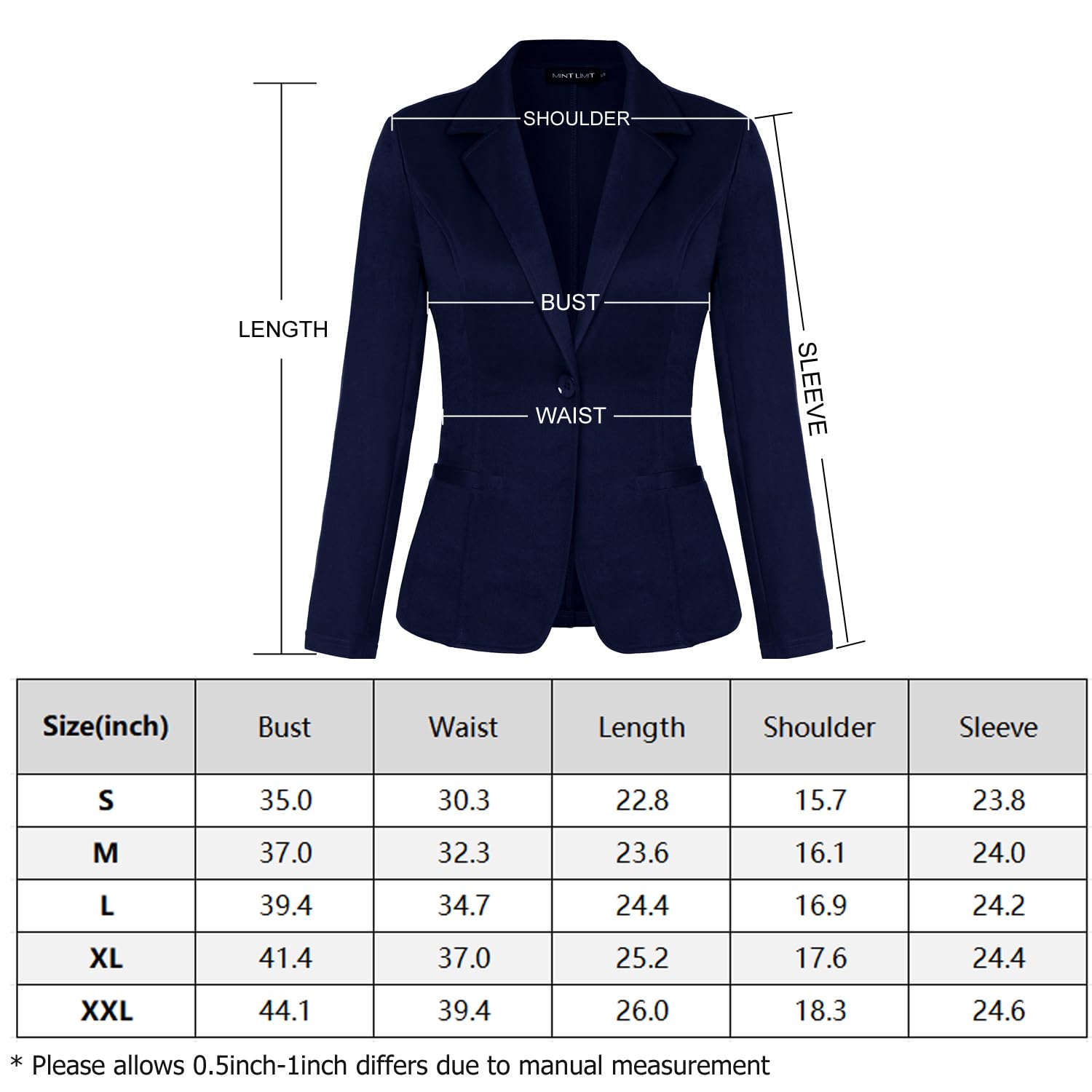 Blazer para mujer, chaqueta de un botón, con solapa con muescas, elegante, ajuste delgado, manga larga
