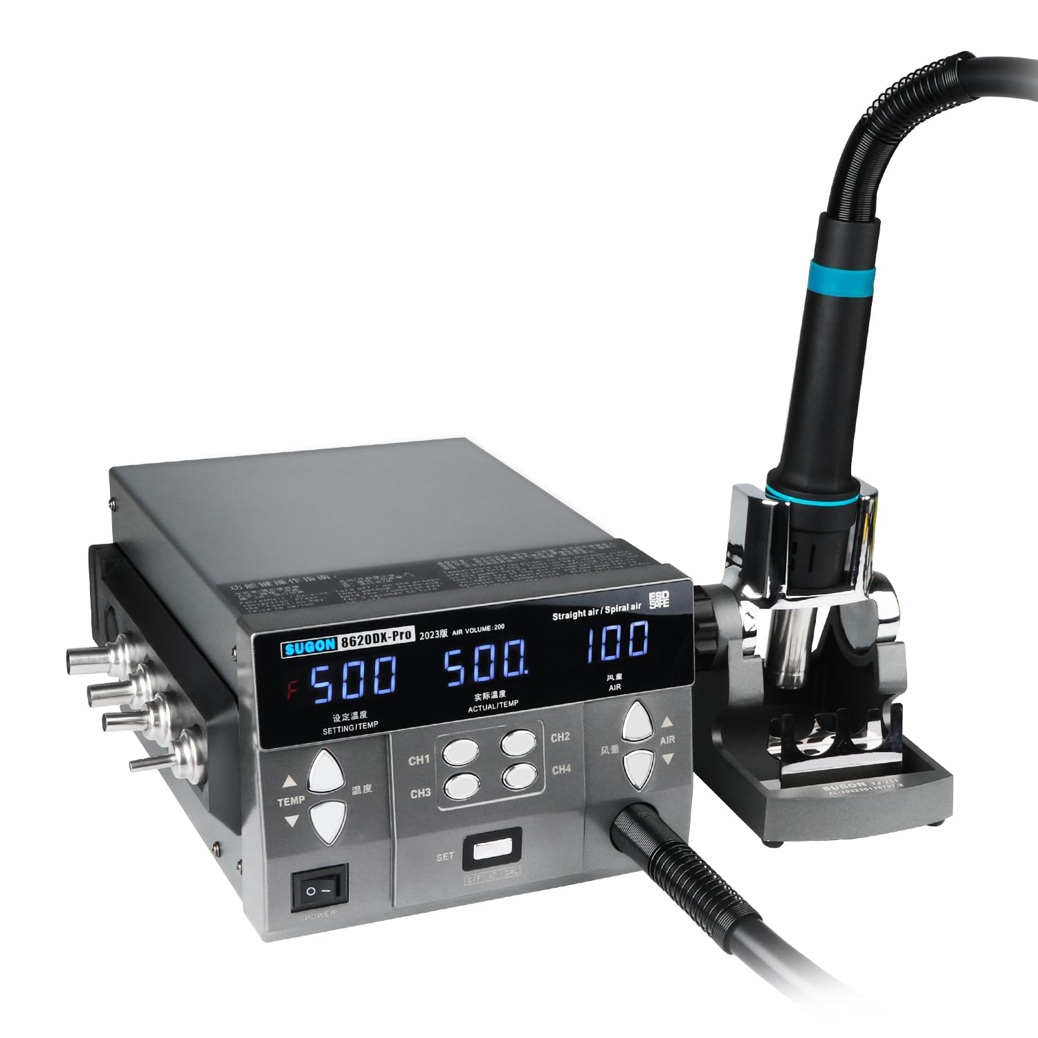 SUGON 8620DX Hot Air Gun Solder Rework Station Automatic Sleep High Power 1300W Precise Tempe 212℉~932℉ 4 Storage Channel ℃/℉ Quick Change Nozzle Holder 4 Straight 2 Oblique 2 Spiral Nozzles