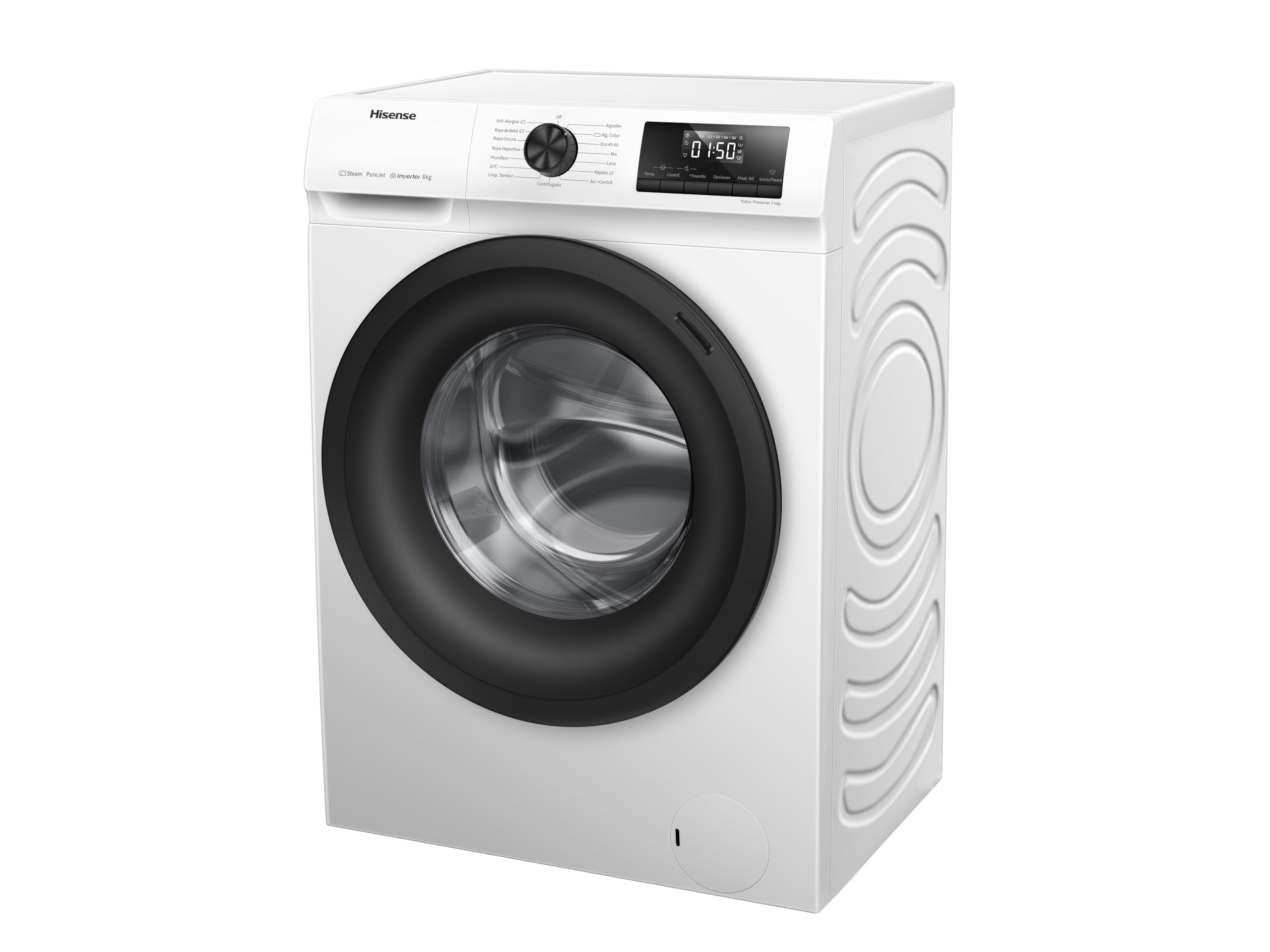 Hisense WFQE8014EVJM Lavadora 8 Kg, 1400 rpm, 15 Programas Automáticos, Vapor, Motor Inverter, Clase Eficiencia Lavado A, Pantalla LED, Programa Rápido, PureJet, Blanco