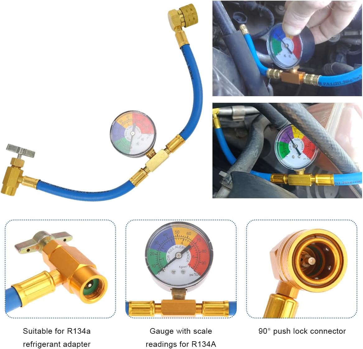 R134A Refrigerant Charge Hose Kit, 1/2" Acme Automotive Refrigerant U-Charge Hose with Pressure Gauge, 100PSI Self-Sealing A/C Recharge Measuring Kit, Car Accessories