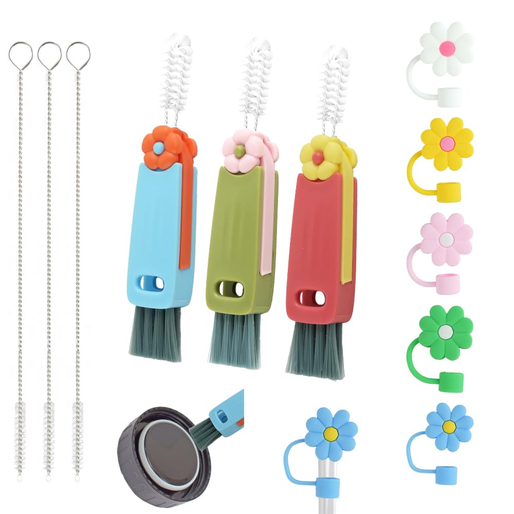 Mulaibdin 3 Pcs 3 in 1 Cup Lid Gap Cleaning Brush, Multifunctional Bottle Crevice Cleaner Brushes with 5Pcs Straw Toppers and 3Pcs Straw Cleaner Brushes, Portable Home Kitchen Tight Space Cleaner Tool
