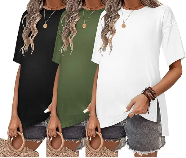 Ekouaer Maternity Shirts 3 Packs Short Sleeve Womens Oversized Pregnancy Tops Split Side Postpartum Blouse Clothes S-XXL