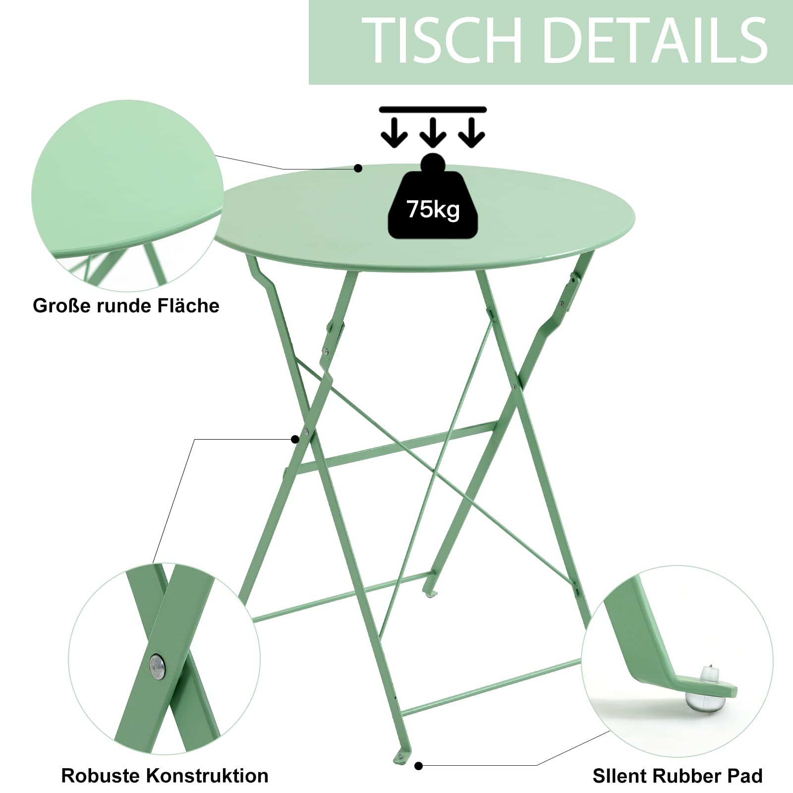 AVAWING - Set da balcone e giardino in 3 pezzi, con tavolino e 2 sedie pieghevoli (verde)