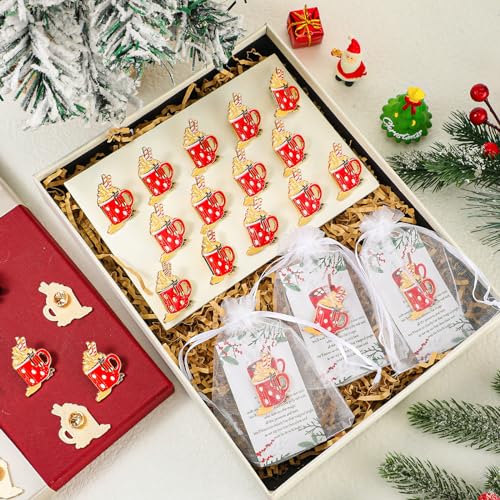 Image of 50 Sets Christmas Gift Hot Cocoa Cup Lapel Pin with Marshmallows Ornament Jewelry Charm Pins for Women Xmas Hot Cocoa Party Supplies Brooch Favor Merry Christmas Card Organza Bag Thank You Gift