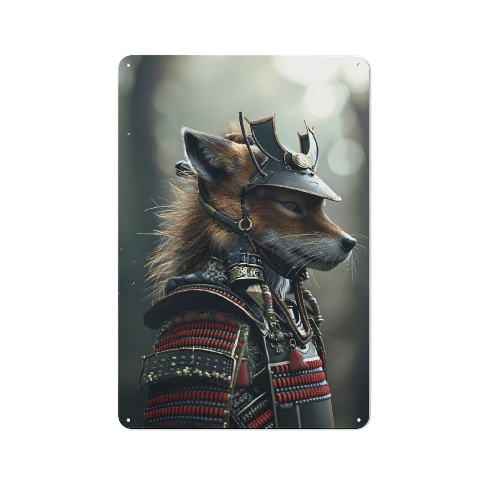 Junmoney Style-4 Metal Plaque With Samurai Fox Warrior Design 30X20cm, Retro Kitchen Wall Decor For Bakery, Diner, Cafe Or Family Room