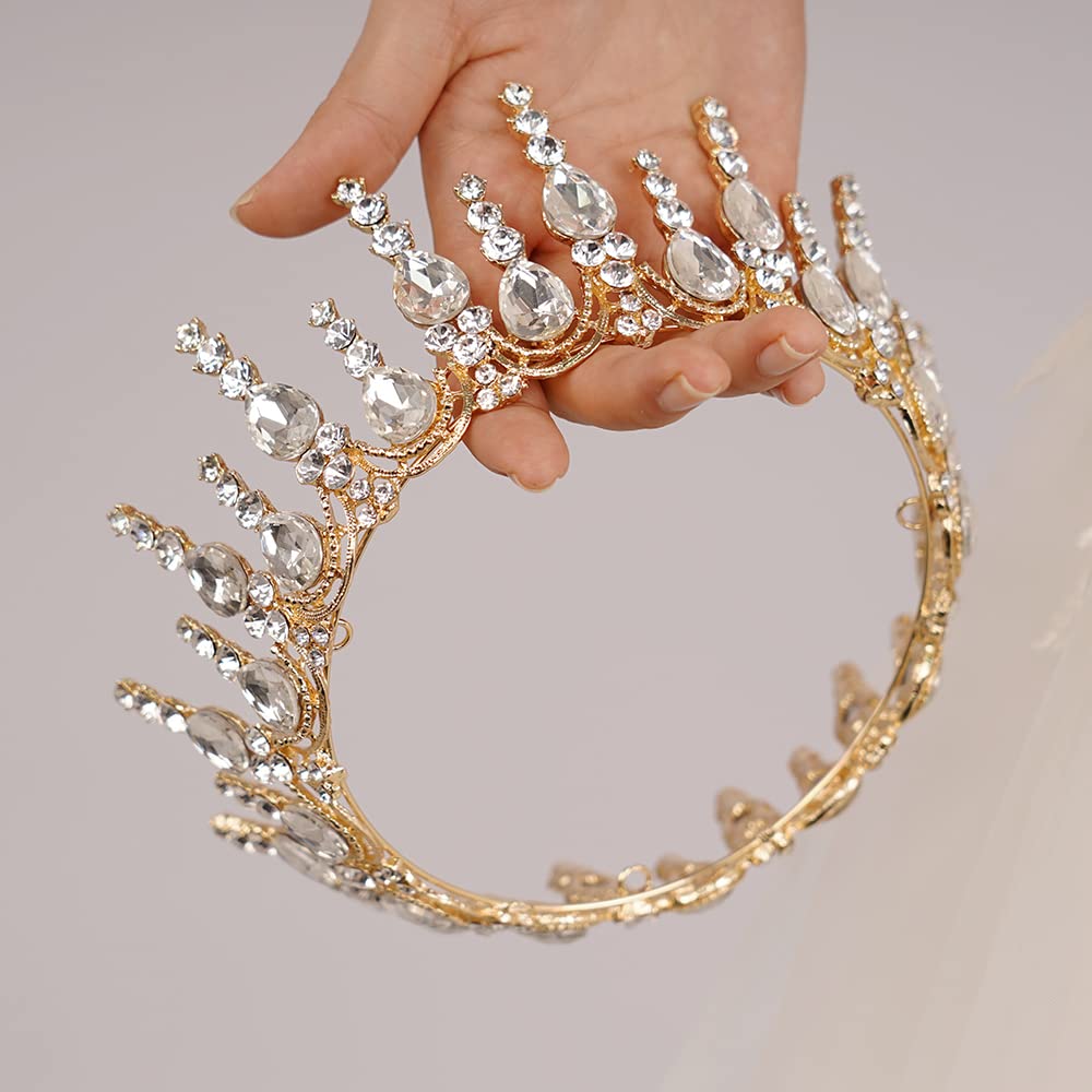 JWICOS Gold Tiaras and Crowns for Women Round Crystal Queen Crowns for Women Princess Tiara with Rhinestone for Brides Wedding Crown for Prom Bridal Party Christmas Gifts (Gold) - Image 2