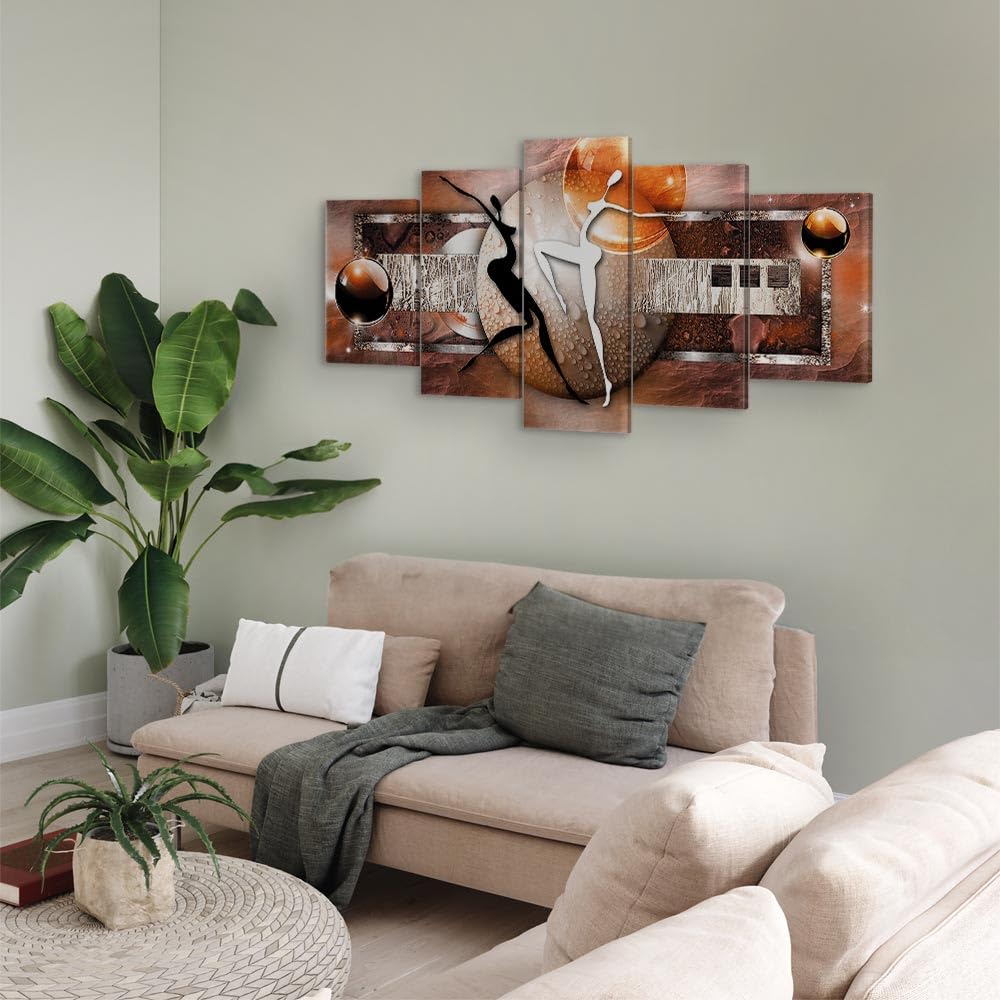 B&D XXL - Quadro Astratto 225x112 cm 5 Pezzi - Stampa su Tela Canvas con Struttura - Quadri Componibili Moderni Soggiorno Grandi - Murale Arte Decorazioni da Parete Decori - marrone arancione argento