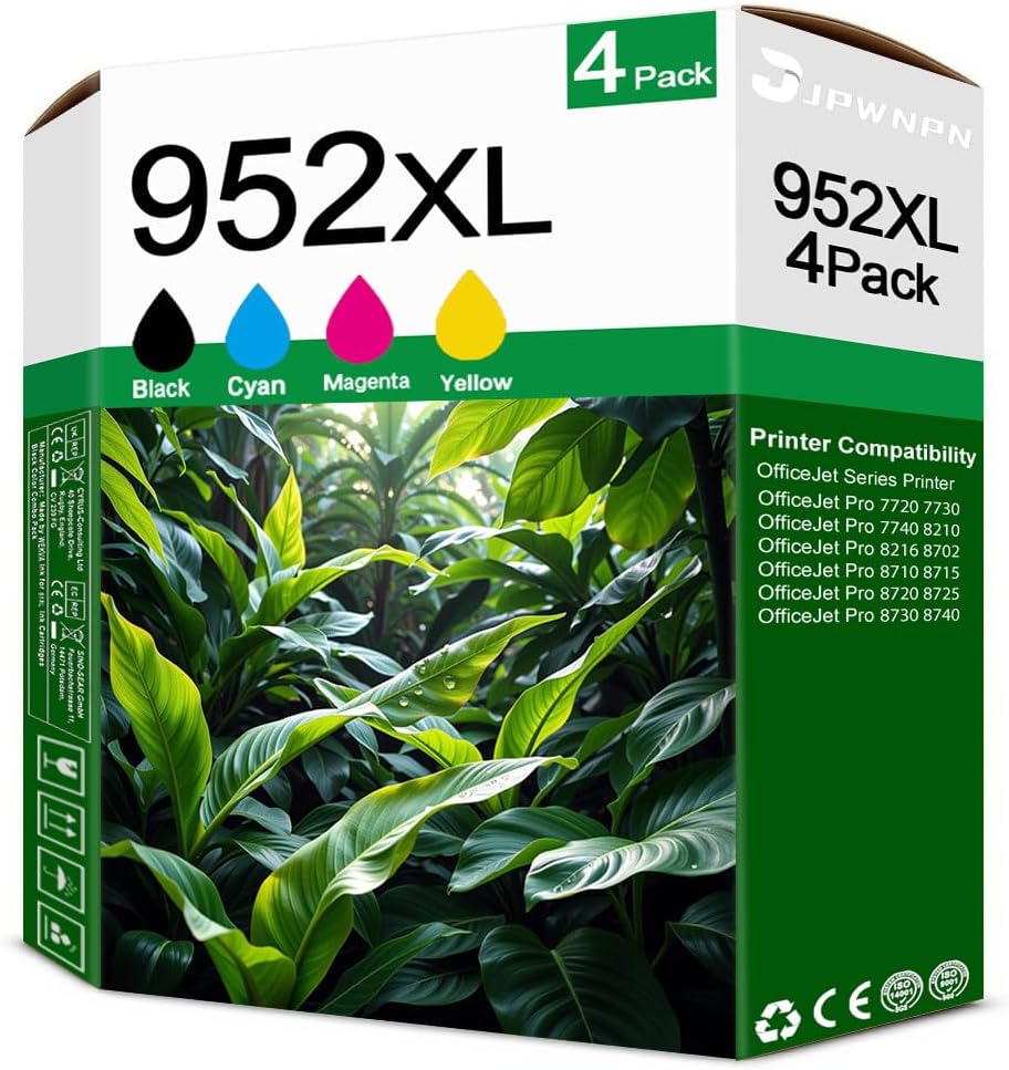 952XL Ink Cartridge High Yield Replacement for HP 952XL Ink Cartridges Combo Pack 952 Work for Officejet Pro 8710 8702 7720 7740 8700 8715 8210 Printer (4-Pack, Black, Cyan, Yellow, Magenta)