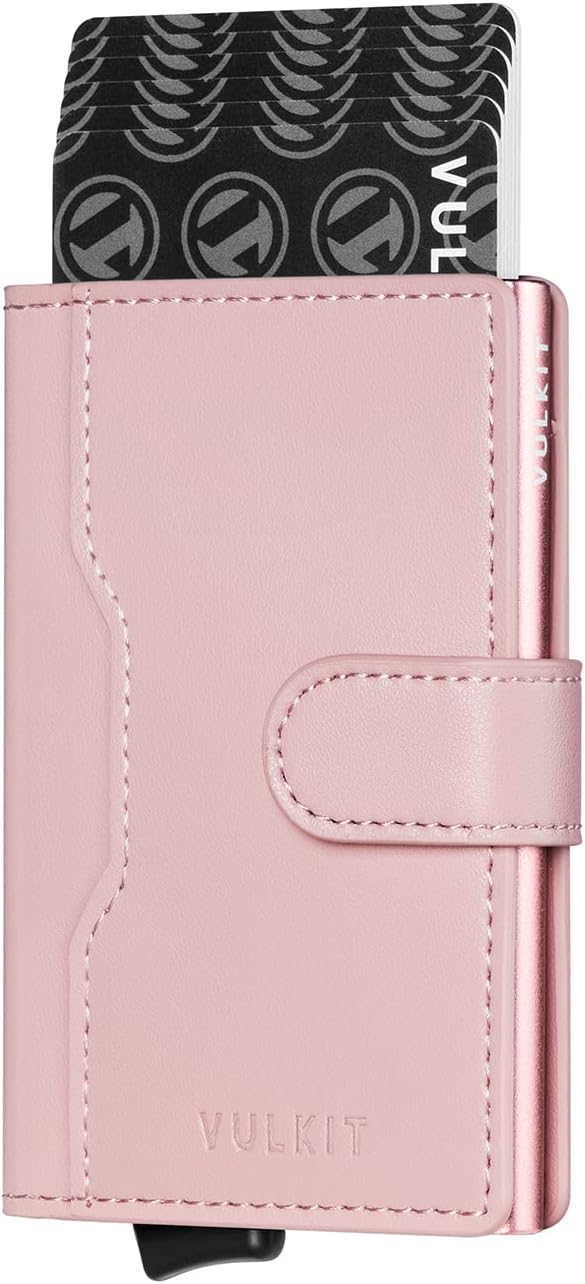 VULKIT Pop up Wallet Credit Card Holder with Leather Slots RFID Blocking Slim Metal Card Case